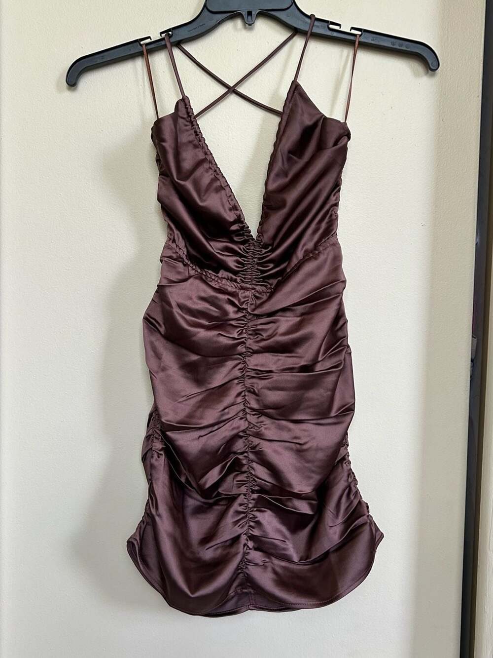 Sky to Moon Brown Ruched Satin Mini Dress Style SM-D20157A